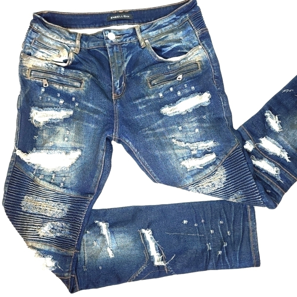 EMBELLISH Men's 34 Distressed Biker Streetwear Jeans with Paneled Stitching